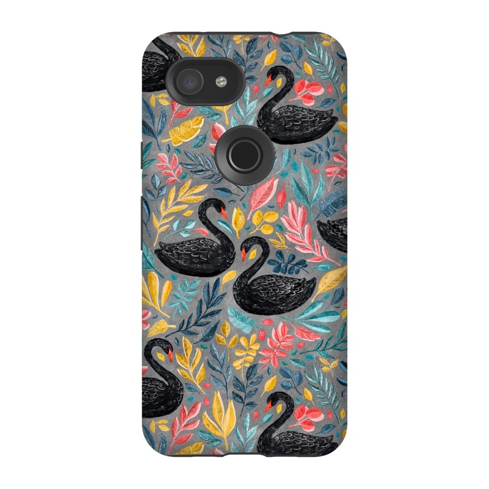 Pixel 3A StrongFit Bonny Black Swans with Lots of Leaves on Grey by Micklyn Le Feuvre