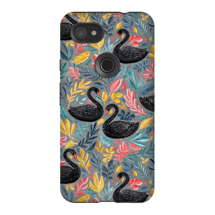 Pixel 3AXL StrongFit Bonny Black Swans with Lots of Leaves on Grey by Micklyn Le Feuvre