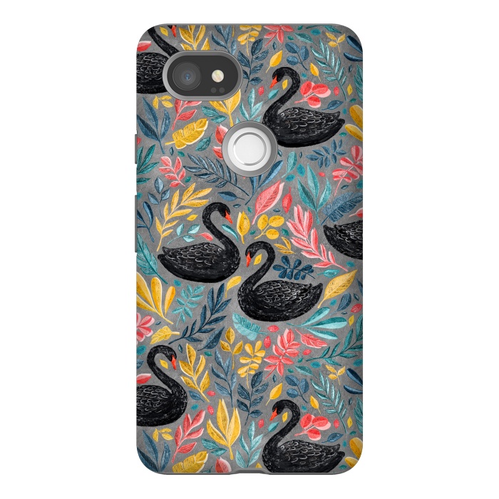 Pixel 2XL StrongFit Bonny Black Swans with Lots of Leaves on Grey by Micklyn Le Feuvre