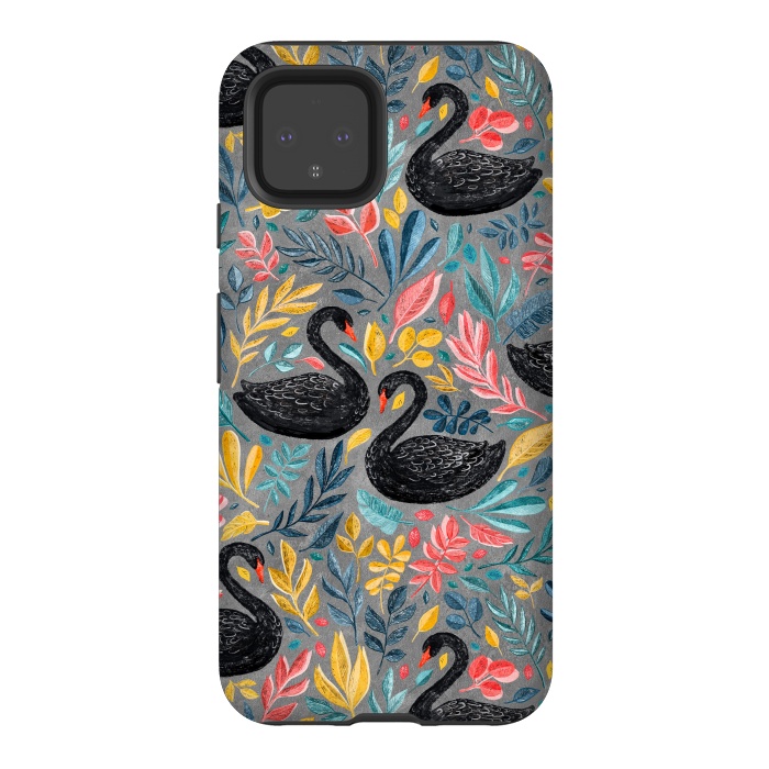 Pixel 4 StrongFit Bonny Black Swans with Lots of Leaves on Grey by Micklyn Le Feuvre