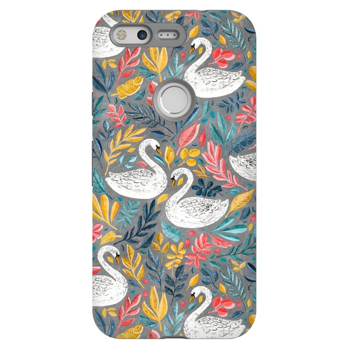 Pixel StrongFit Whimsical White Swans with Lots of Leaves on Grey by Micklyn Le Feuvre