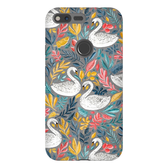 Pixel XL StrongFit Whimsical White Swans with Lots of Leaves on Grey by Micklyn Le Feuvre