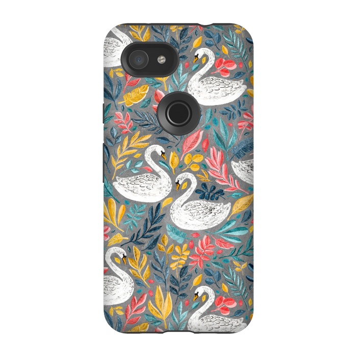 Pixel 3A StrongFit Whimsical White Swans with Lots of Leaves on Grey by Micklyn Le Feuvre