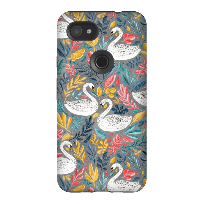 Pixel 3AXL StrongFit Whimsical White Swans with Lots of Leaves on Grey by Micklyn Le Feuvre