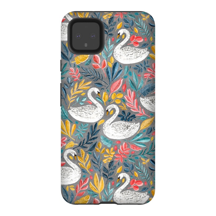 Pixel 4XL StrongFit Whimsical White Swans with Lots of Leaves on Grey by Micklyn Le Feuvre