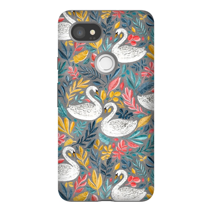 Pixel 2XL StrongFit Whimsical White Swans with Lots of Leaves on Grey by Micklyn Le Feuvre