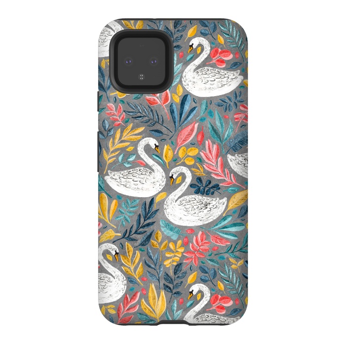 Pixel 4 StrongFit Whimsical White Swans with Lots of Leaves on Grey by Micklyn Le Feuvre