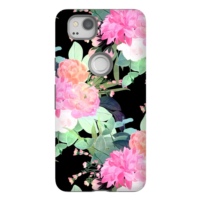 Pixel 2 StrongFit Trendy Pink & Black Flowers Watercolor Design by InovArts