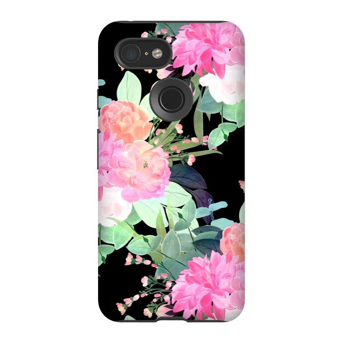 Pixel 3 StrongFit Trendy Pink & Black Flowers Watercolor Design by InovArts