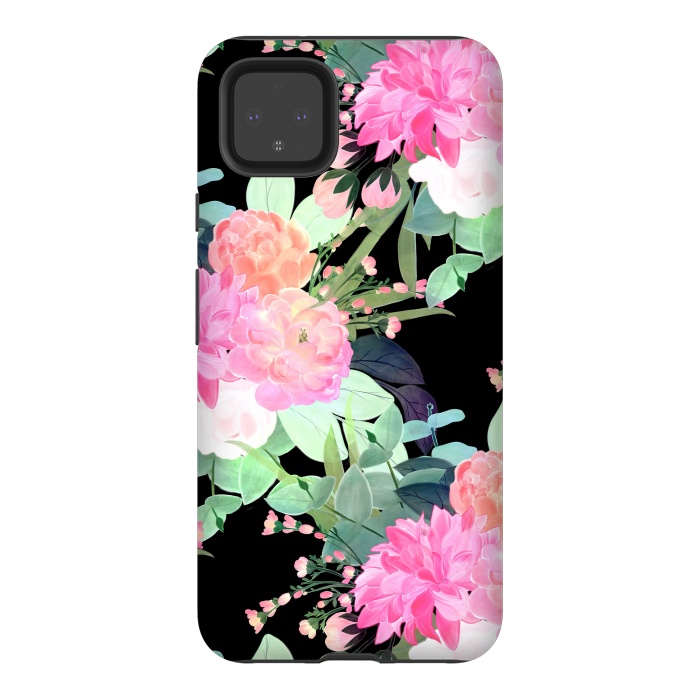 Pixel 4XL StrongFit Trendy Pink & Black Flowers Watercolor Design by InovArts