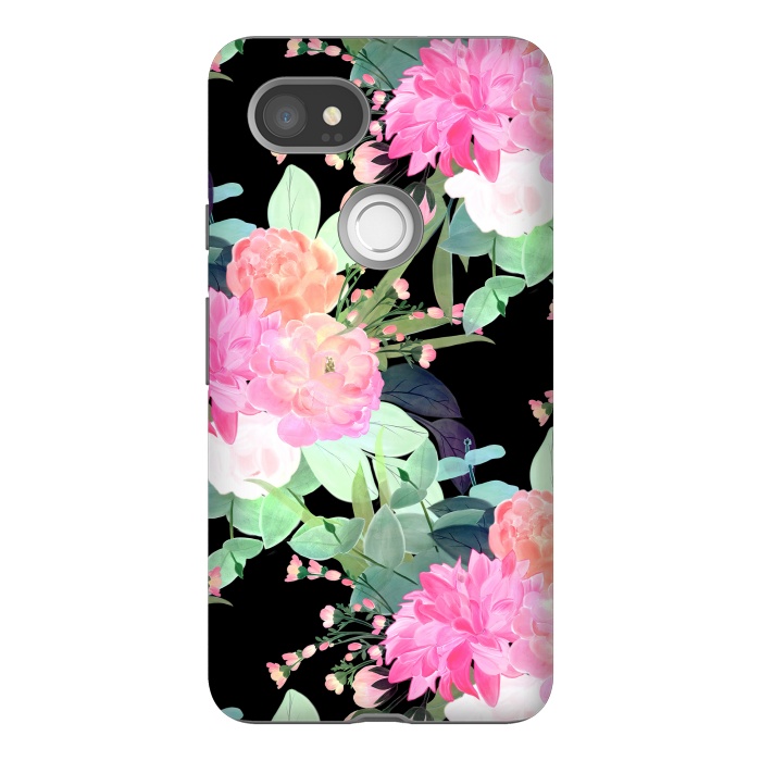 Pixel 2XL StrongFit Trendy Pink & Black Flowers Watercolor Design by InovArts