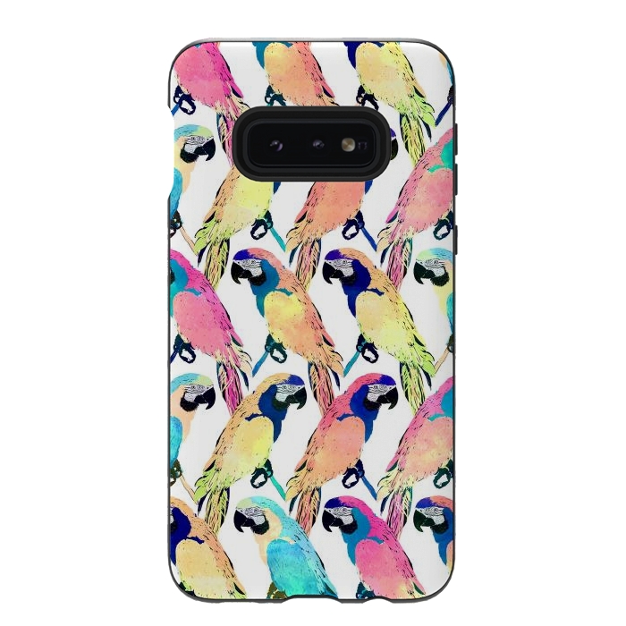 Galaxy S10e StrongFit Modern Colorful Exotic Parrot Birds Watercolor Paint by InovArts