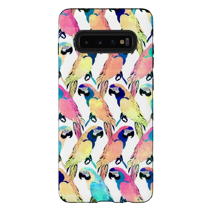 Galaxy S10 plus StrongFit Modern Colorful Exotic Parrot Birds Watercolor Paint by InovArts
