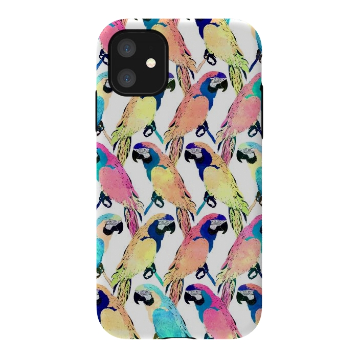 iPhone 11 StrongFit Modern Colorful Exotic Parrot Birds Watercolor Paint by InovArts