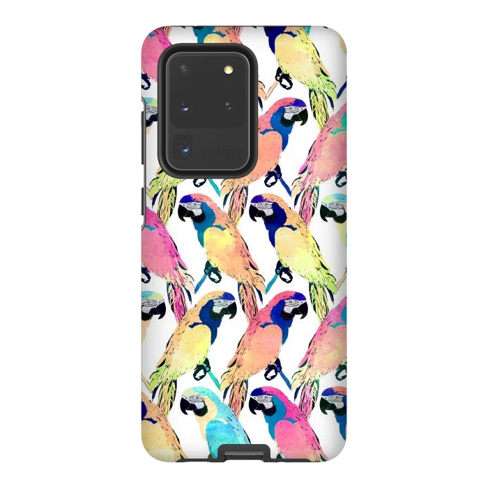Galaxy S20 Ultra StrongFit Modern Colorful Exotic Parrot Birds Watercolor Paint by InovArts