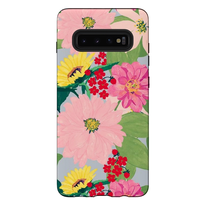 Galaxy S10 plus StrongFit Elegant Watercolor Sunflowers Blush Floral Gray Design by InovArts