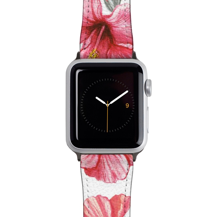 Watch 42mm / 44mm Strap PU leather Watercolor hibiscus flowers by Oana 