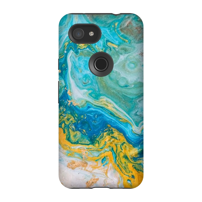 Pixel 3A StrongFit Blue Acrylic Texture with Golden Marble Motifs by ArtsCase