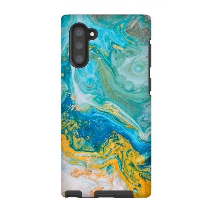 Galaxy Note 10 StrongFit Blue Acrylic Texture with Golden Marble Motifs by ArtsCase