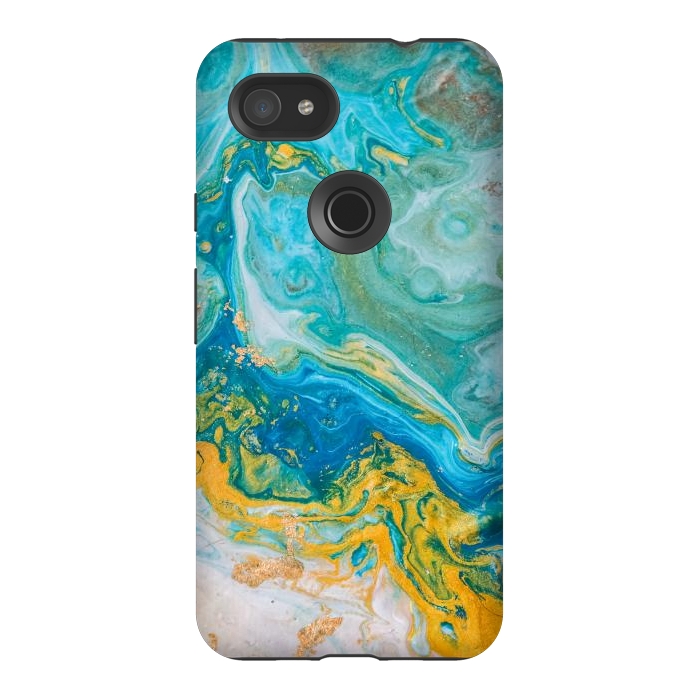 Pixel 3AXL StrongFit Blue Acrylic Texture with Golden Marble Motifs by ArtsCase