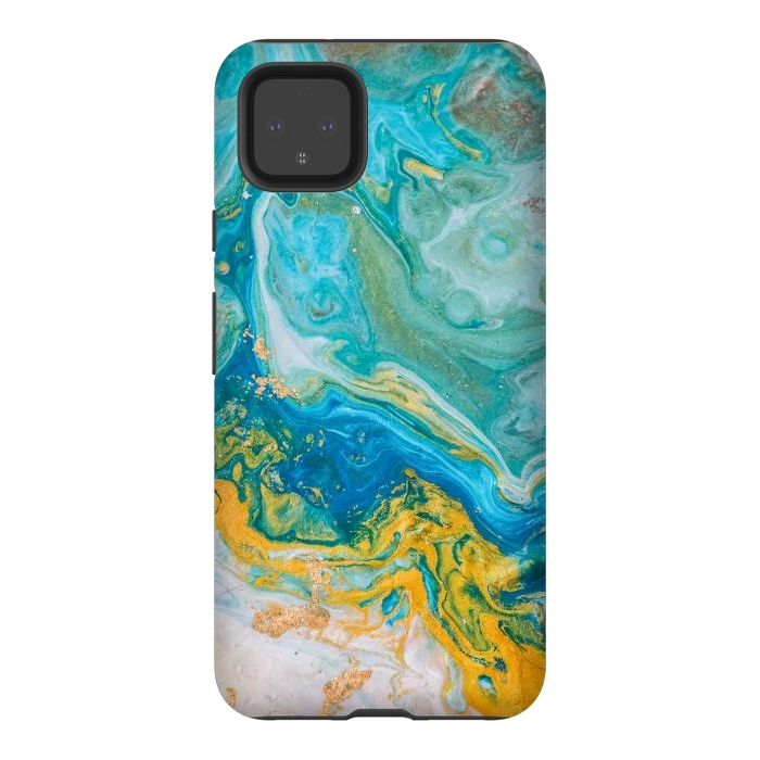 Pixel 4XL StrongFit Blue Acrylic Texture with Golden Marble Motifs by ArtsCase