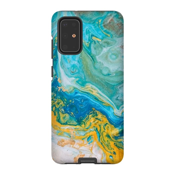 Galaxy S20 Plus StrongFit Blue Acrylic Texture with Golden Marble Motifs by ArtsCase