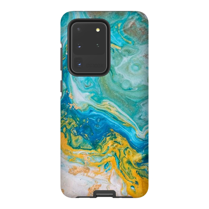 Galaxy S20 Ultra StrongFit Blue Acrylic Texture with Golden Marble Motifs by ArtsCase