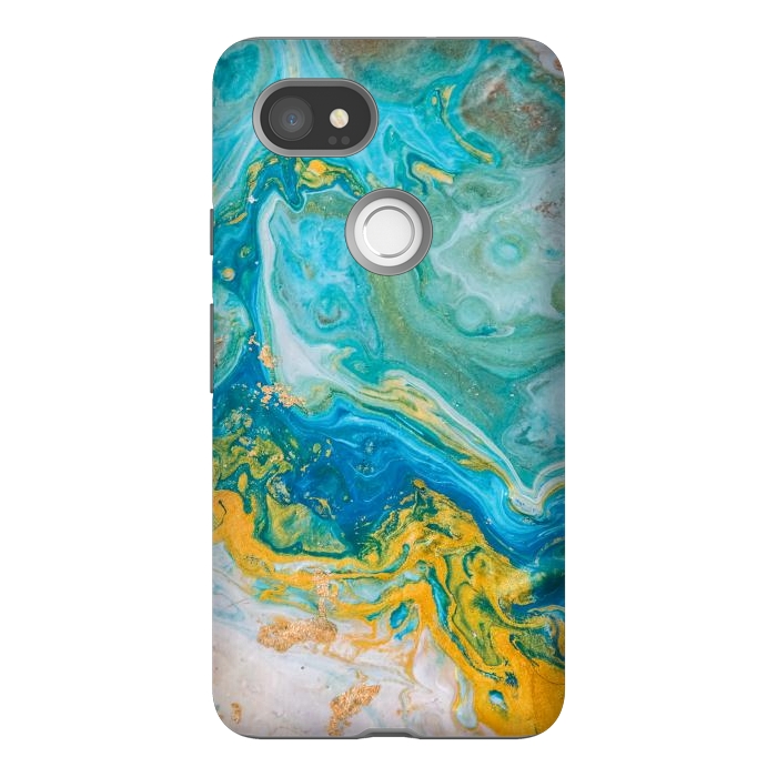 Pixel 2XL StrongFit Blue Acrylic Texture with Golden Marble Motifs by ArtsCase