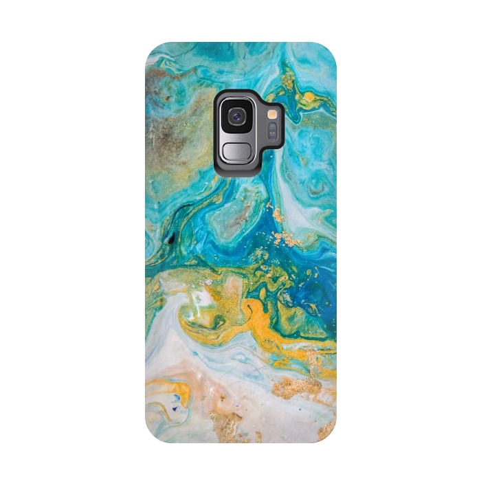 Galaxy S9 StrongFit Blue Acrylic Texture with Golden Marble Motifs by ArtsCase