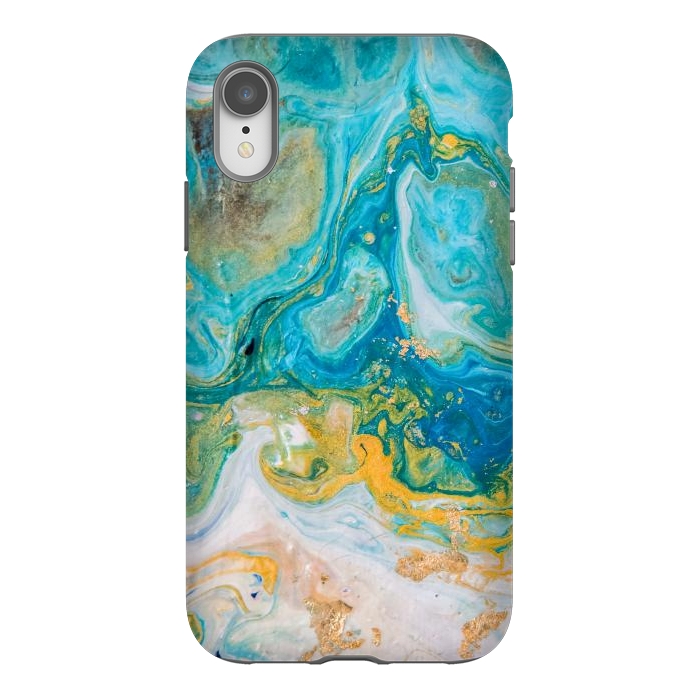 iPhone Xr StrongFit Blue Acrylic Texture with Golden Marble Motifs by ArtsCase