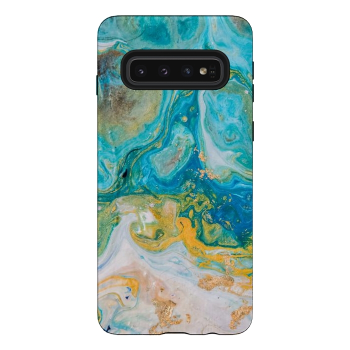 Galaxy S10 StrongFit Blue Acrylic Texture with Golden Marble Motifs by ArtsCase