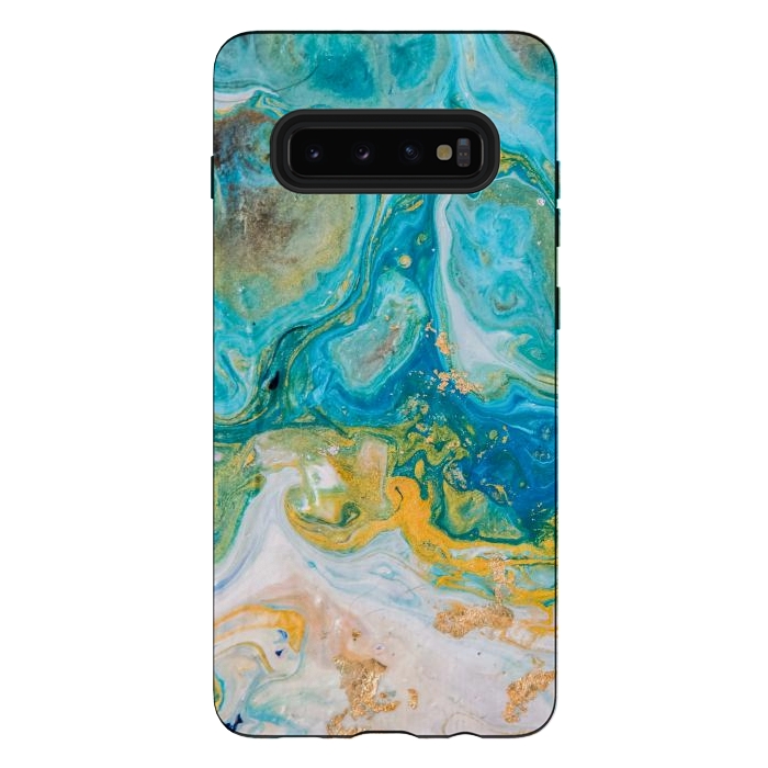 Galaxy S10 plus StrongFit Blue Acrylic Texture with Golden Marble Motifs by ArtsCase