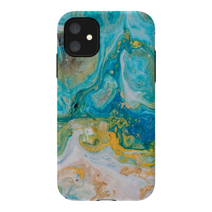 iPhone 11 StrongFit Blue Acrylic Texture with Golden Marble Motifs by ArtsCase
