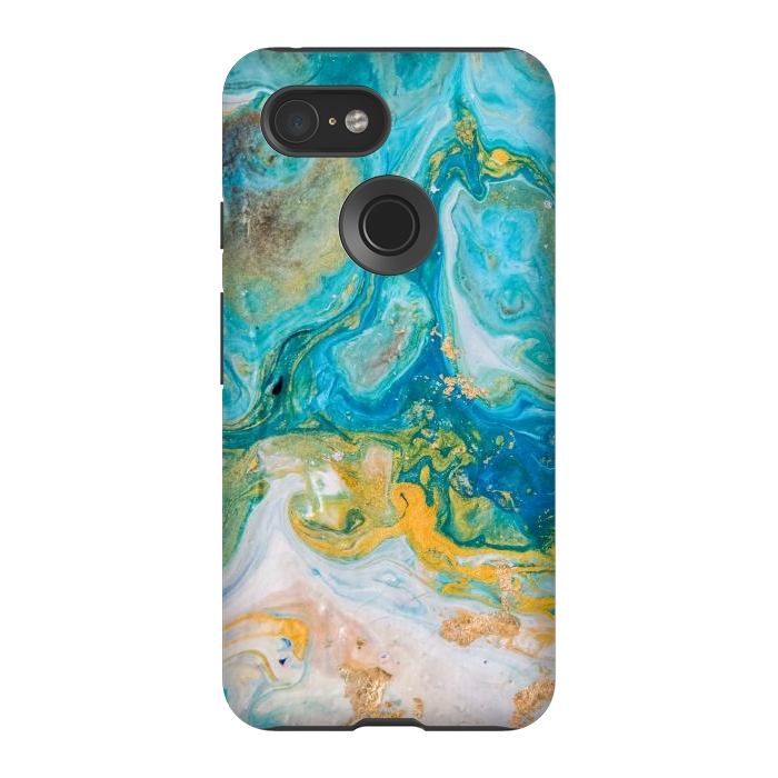 Pixel 3 StrongFit Blue Acrylic Texture with Golden Marble Motifs by ArtsCase