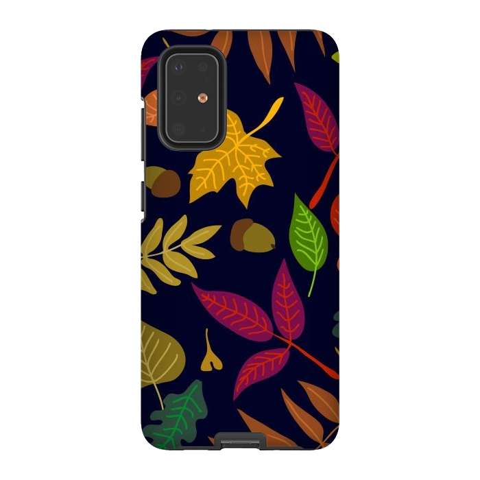 Galaxy S20 Plus StrongFit Colorful Leaves and Acorns on Black Background by ArtsCase