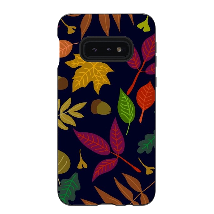 Galaxy S10e StrongFit Colorful Leaves and Acorns on Black Background by ArtsCase