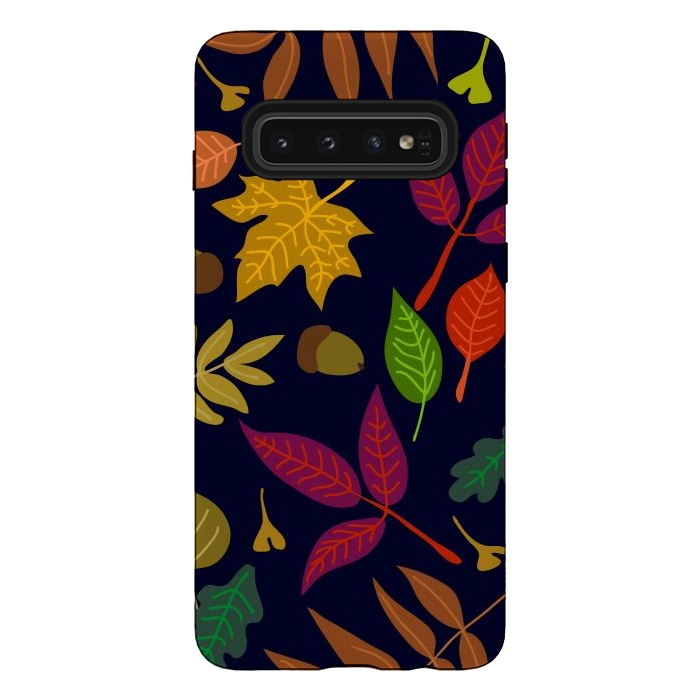 Galaxy S10 StrongFit Colorful Leaves and Acorns on Black Background by ArtsCase