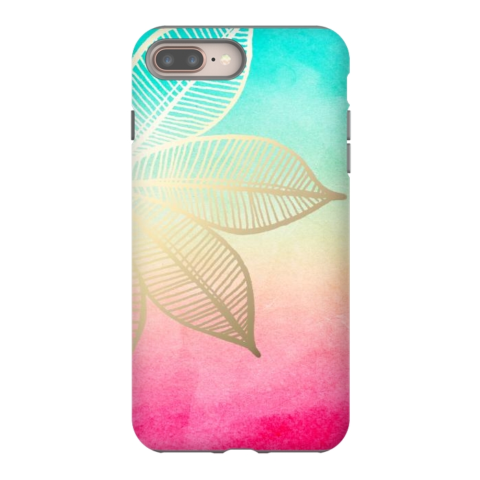iPhone 7 plus StrongFit Gold Flower on Turquoise and Pink Watercolor by Tangerine-Tane