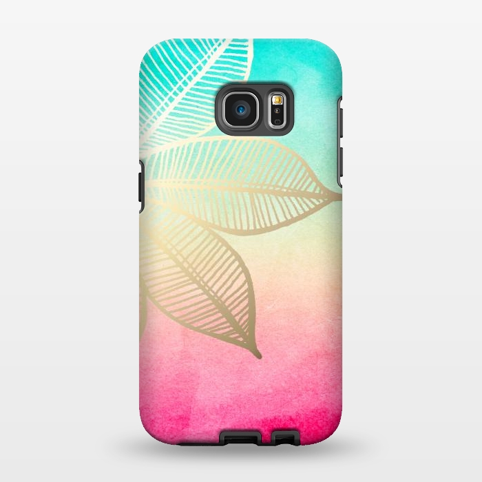 Galaxy S7 EDGE StrongFit Gold Flower on Turquoise and Pink Watercolor by Tangerine-Tane