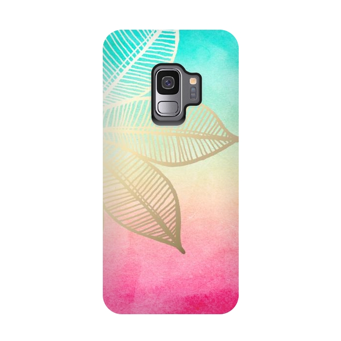 Galaxy S9 StrongFit Gold Flower on Turquoise and Pink Watercolor by Tangerine-Tane