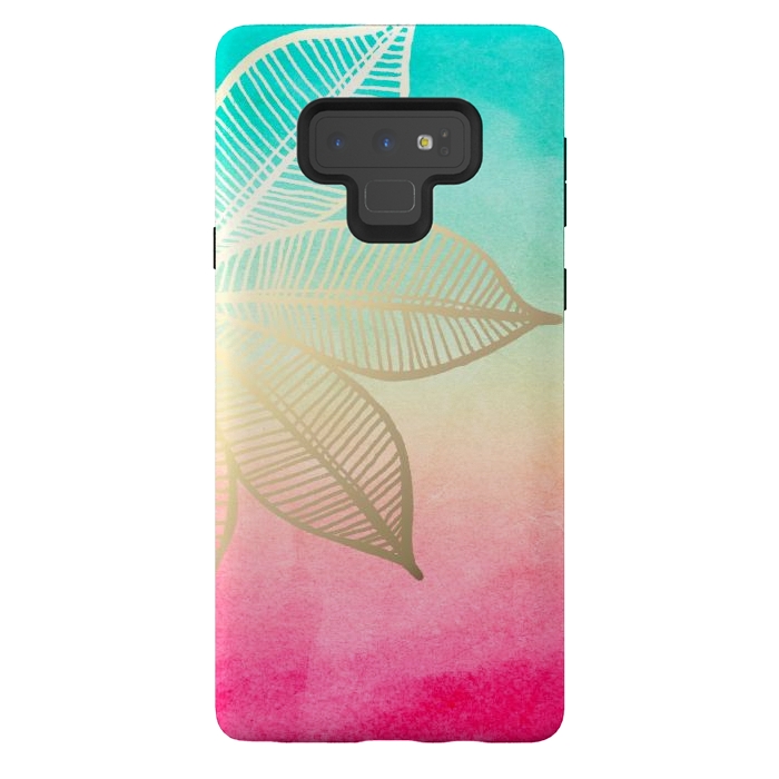 Galaxy Note 9 StrongFit Gold Flower on Turquoise and Pink Watercolor by Tangerine-Tane