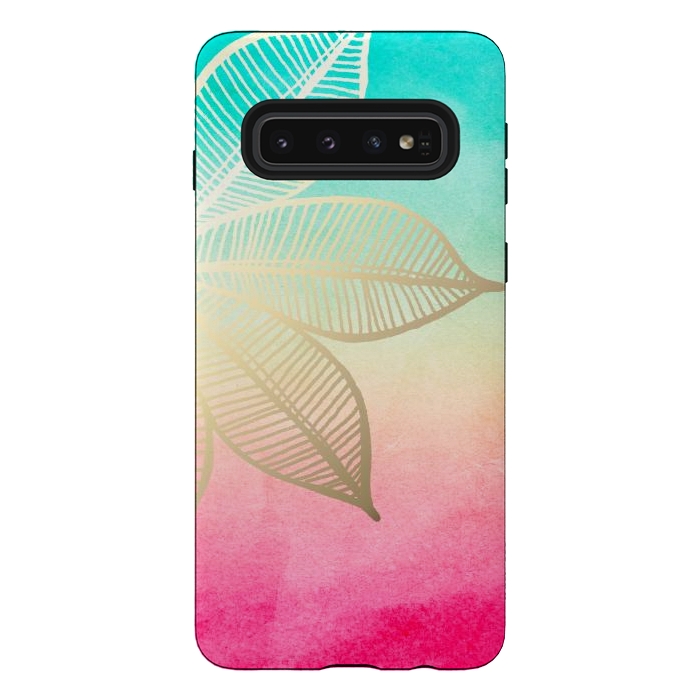 Galaxy S10 StrongFit Gold Flower on Turquoise and Pink Watercolor by Tangerine-Tane
