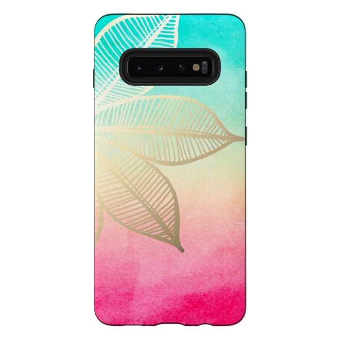 Galaxy S10 plus StrongFit Gold Flower on Turquoise and Pink Watercolor by Tangerine-Tane