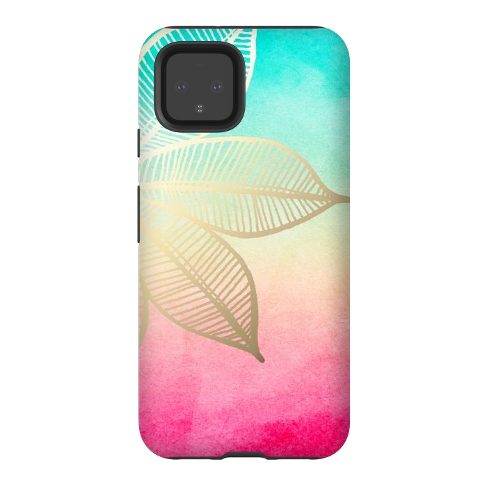Pixel 4 StrongFit Gold Flower on Turquoise and Pink Watercolor by Tangerine-Tane
