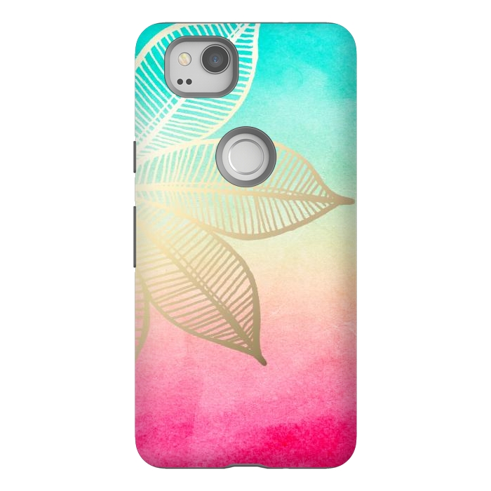 Pixel 2 StrongFit Gold Flower on Turquoise and Pink Watercolor by Tangerine-Tane