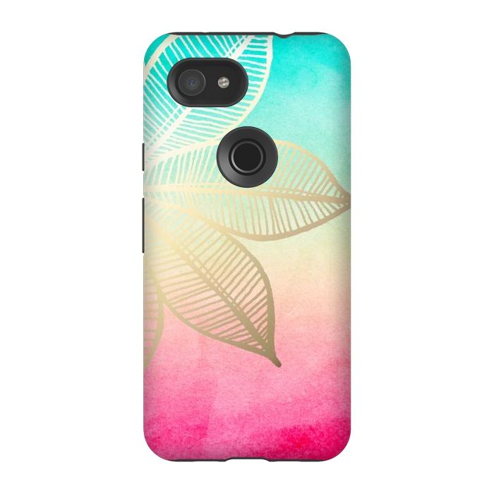 Pixel 3A StrongFit Gold Flower on Turquoise and Pink Watercolor by Tangerine-Tane