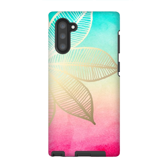 Galaxy Note 10 StrongFit Gold Flower on Turquoise and Pink Watercolor by Tangerine-Tane