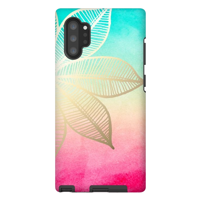 Galaxy Note 10 plus StrongFit Gold Flower on Turquoise and Pink Watercolor by Tangerine-Tane