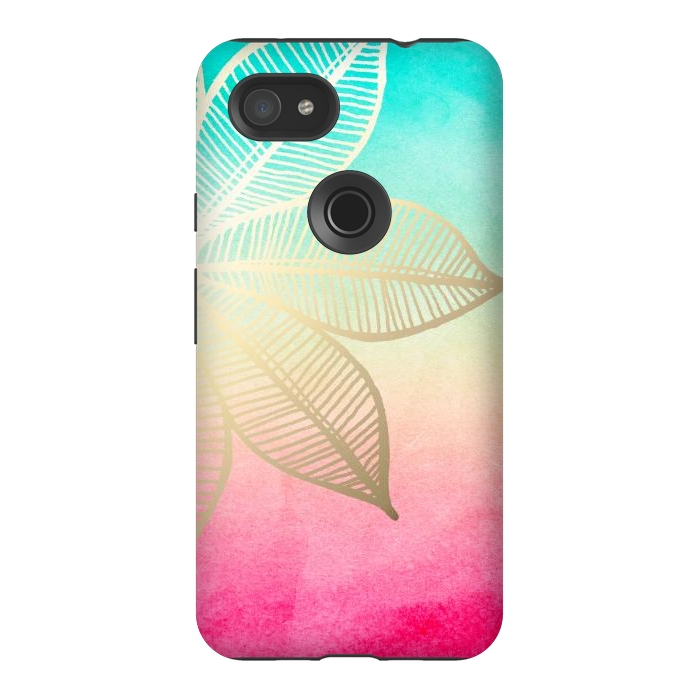 Pixel 3AXL StrongFit Gold Flower on Turquoise and Pink Watercolor by Tangerine-Tane