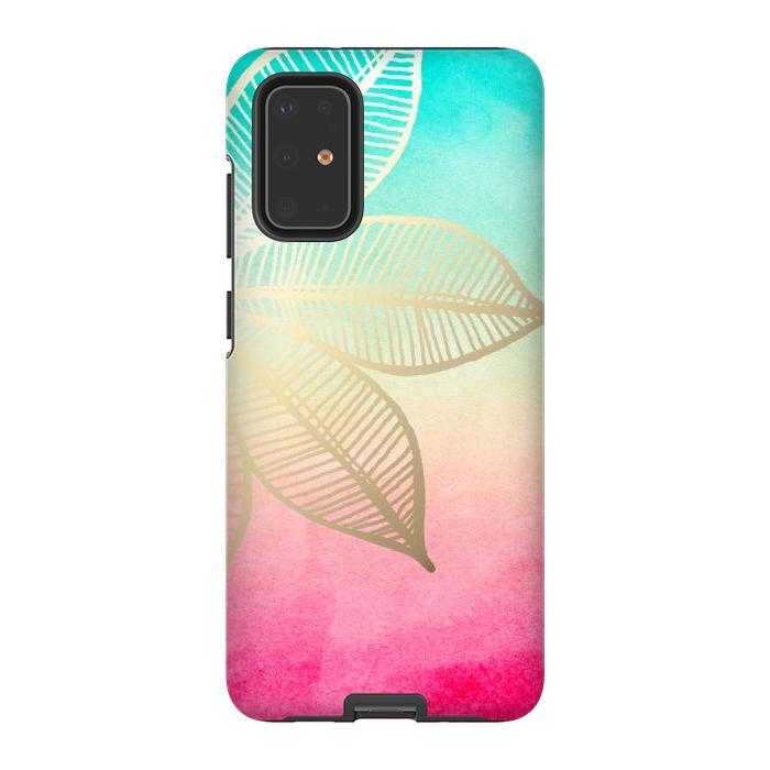 Galaxy S20 Plus StrongFit Gold Flower on Turquoise and Pink Watercolor by Tangerine-Tane